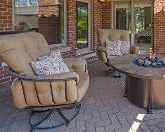 O. W. Lee Monterra Wrought Iron Swivel Patio Chairs - Large and comfortable.  There are 3 pairs.   Also, quality propane fire pit in working order.