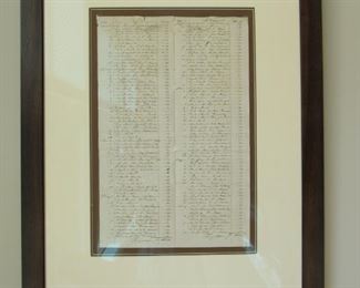Antique framed ledger from the 1800's  from the Dutch Reform Church for when parishioners had to pay for their pew weekly 