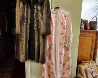Raccoon fur coat.  Vintage Hawaiian Alfred Shaheen dress.