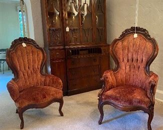 PAIR OF VICTORIAN CHAIRS AND A CHINA CABINET