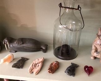 Stone walrus carving by Johnnie B.I.; numerous carvings in soapstone and other materials.