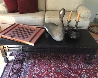 Coffee table; intake oilcloth folk art swan.