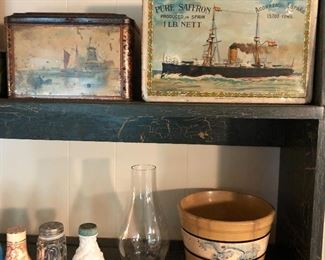 Vintage tins, Yelloware Seaweed decoration crock