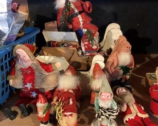 German Composition Santa, Celluloid face Santa net candy container, mica sleighs