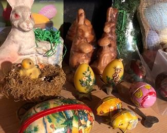 Vintage Easter, tin litho eggs, wind up chicks