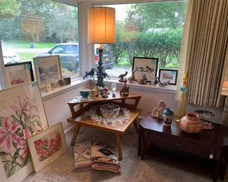 Lane MCM Corner Table, MC lamp, Mission Coffee Table, watercolor florals, landscapes and more from local artists