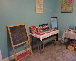 Bench, chalkboard dry erase board, puzzles
