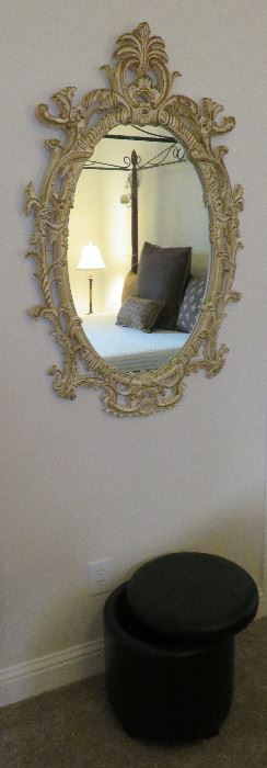 Ornate mirror, storage ottoman
