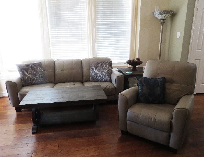 Sofa, chair, coffee table, end table, floor lamp