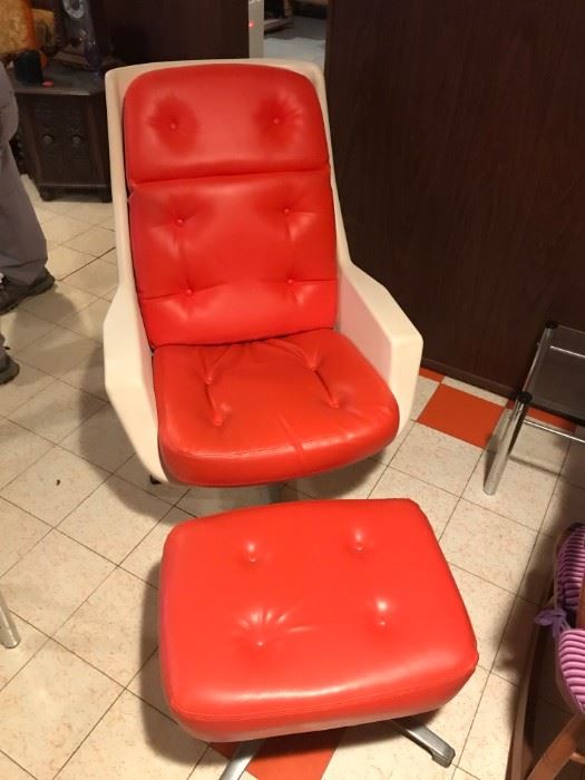 ALF SVENSSON Rare Retro Galaxy Space Swivel Orange Leather Chair with Ottoman