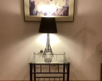 Glass and Metal Table Lamp and Floral Picture