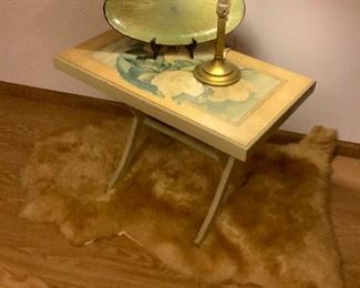 Lamb Skin Vintage Folding Table and Brass Lamp