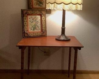Vintage Wood Table Lamp and Wall Pictures