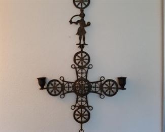 metal cross with candle-holders , mid century , vintage