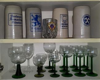 green crystal glasses , Large beer Mugs Lowenbrau ,German Beer Mug, Stein, Stoneware