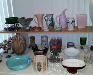 weller hairline crack , Lion mold, pottery, Royal Haeger pink water pticher, glassware 