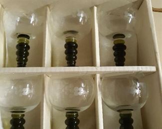 Roemer vintage cordial glasses  2 sets of 6 in the original box.  Etched Glass, Roemer; Beehive Ribbed Green Stem, Wine Glasses, Cordials  Retro Barware, Cordials.