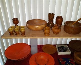 carved bowls, vases, cups.  red tin bowl, chip set ,plate, 
