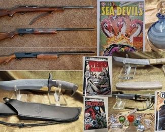 Remington Shotguns, Weatherby Rifle, Damascus Steel Knives, Comic books