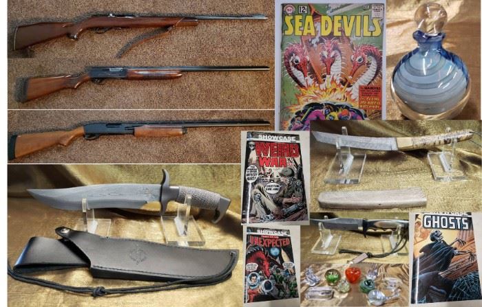 Remington Shotguns, Weatherby Rifle, Damascus Steel Knives, Comic books