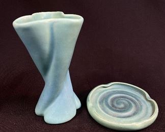 2 Vintage Van Briggle Ming Blue Vase, Ashtray - buy on StubbsEstates.com