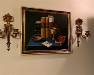 Framed art and matching sconces