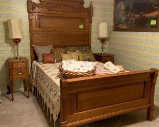 Eastlake bed with 2 matching nightstands and rose crystal lamps