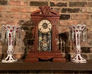 Antique mantle clock and a set of lusters with crystals