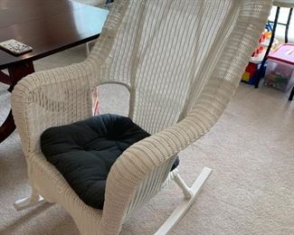#64	Chair	White Plastic Wicker Rocker w/blue Cushion	 $ 75.00 																						