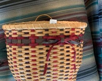 #137	basket	hand made oak strips red green wood basket 	 $ 20.00 																						