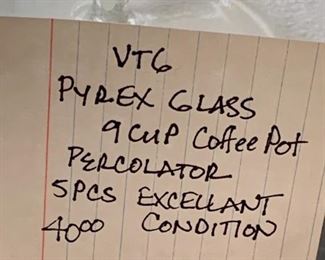 #182	kitchen	VT6 pyrex glass 9 cup coffee pot 	 $ 40.00 																						