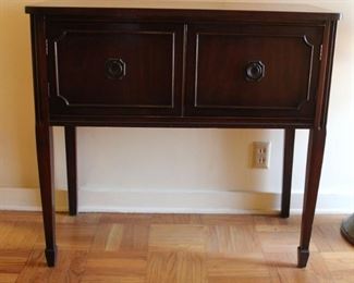 #1.  Linen cabinet. Server.  Mahogany.  Sheraton style.     C. 1930.    33.5” X 36” X 17” 