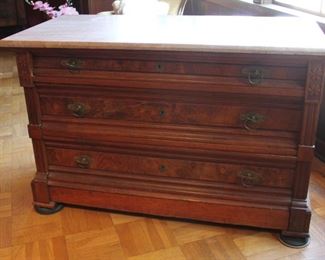 #18  Chest / Dresser of 3 drawers.  Marble top.  C. 1850.  Original hardware.   29” X 46” X  22” 