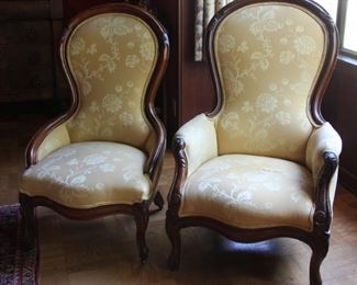 #19.  Ladies and gent's Victorian parlor style chairs.  Fabric "as is" condition.                                                                        Chair left:  40” X 24” X 24”                                                        Chair right:  42” X 26” X 26”                                                                                         