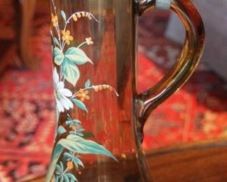 #21 Bohemian glass water pitcher with enamel hand painted floral design.  Lid is pewter and hinged.   16” 