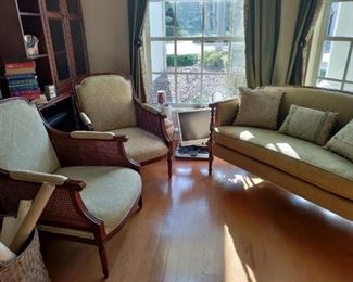 LOVE SEAT AND MATCHING UPHOLSTERED CHAIRS,  AGAIN FINE DETAILING, EXCELLENT CONDITION