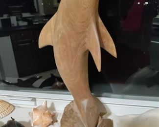 SEVERAL CARVED WOOD,  GLASS DOLPHINS