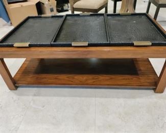 EXTRA LARGE  BURLED WOOD COFFEE TABLE WITH REMOVABLE LEATHER TRAYS 