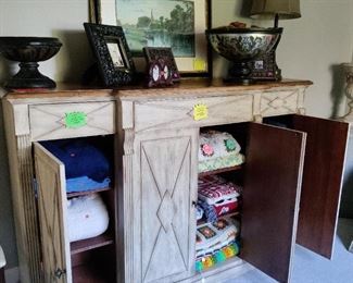LARGE SELECTION OF HAND MADE AFGHANS, FARMHOUSE CABINET,  BLANKETS, SHEETS, TOWELS, 