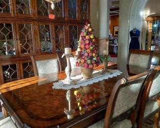 AWESOME BURLED DINING TABLE, PLUS 2 LEAVES,  EXTRA LARGE CHINA CABINET WITH LIGHTS, SUGARED FRUIT, 
