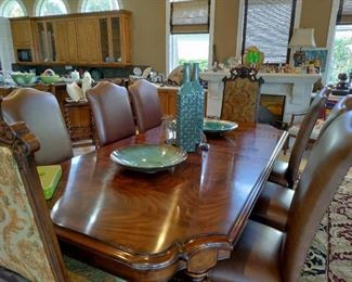 2nd GREAT DINING ROOM TABLE, TAPESTRY END CHAIRS + 26" LEAF, BURLED, BEAUTIFUL