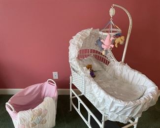 Baby's white Wicker/Wood Bassinet, Basket, Blanket, Mobile, Etc!