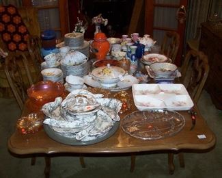THOMASVILLE DINING TABLE--HAS 2 LEAVES/6  CHAIRS  & BUFFET, DINNER CHINA SET & MORE SMALLS