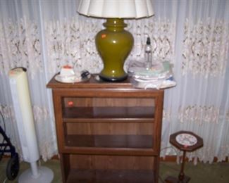 GLASS-DOOR CABINET, STANDING FAN, ANOTHER LAMP &  SMALL STAND