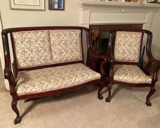 1920's Settee and 2 Chairs.  Refinished and Upholstered in the 90's.
