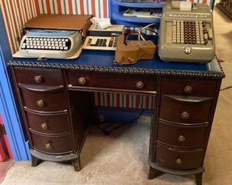 Antique desk, Typewriter with case. Adding Machne.