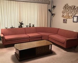 Rose 4 piece sectional sofa.  1950's.  Pole lamp in corner.