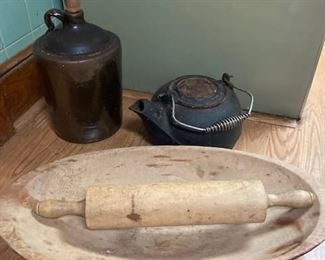 Jug, Cast iron kettle, dough bowl, and rolling pin