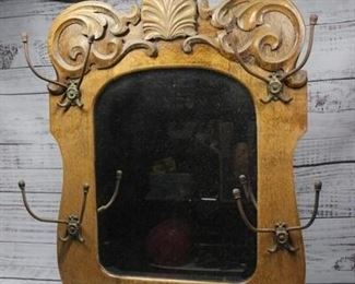 Vintage Hanging Wood Mirror Hat Rack