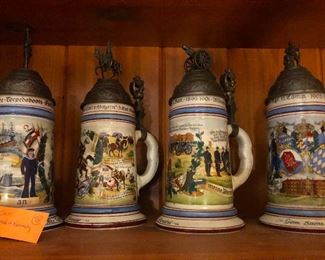 GERMAN BEER STEINS WITH LIDS. U. S. MILITARY SOUVENIR. LITHOPANE BOTTOMS. 50’S
